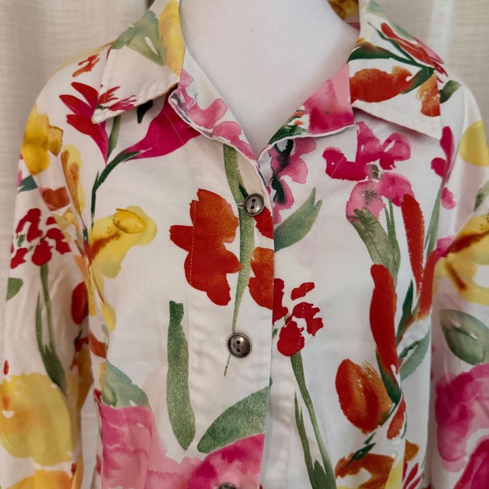 Chico's Floral Button‎ Down Jacket Pink Yellow Watercolor Cotton Brunch happy